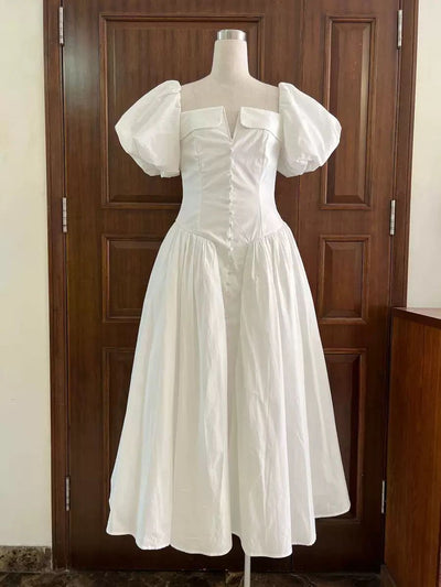 Citrus Bloom Puff-Sleeve Midi Gown