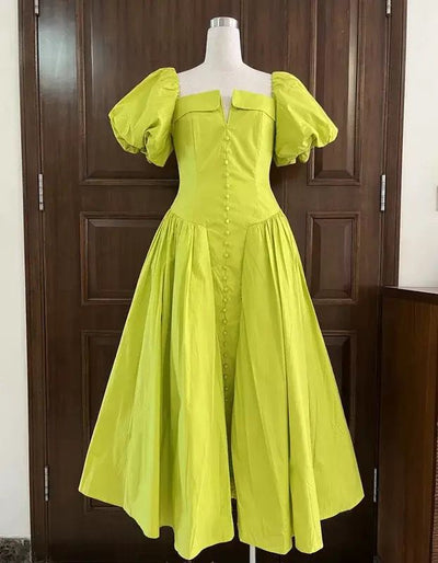 Citrus Bloom Puff-Sleeve Midi Gown