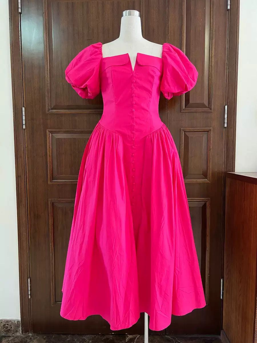 Citrus Bloom Puff-Sleeve Midi Gown