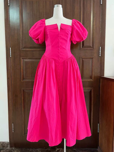Citrus Bloom Puff-Sleeve Midi Gown