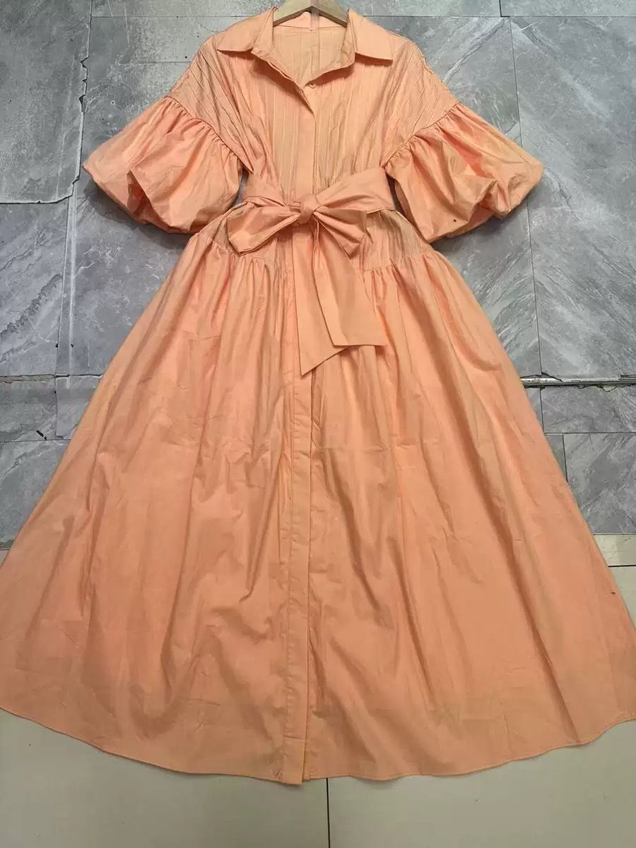 Peach Glow – Puff-Sleeve Belted Midi Dress
