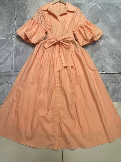 Peach Glow – Puff-Sleeve Belted Midi Dress