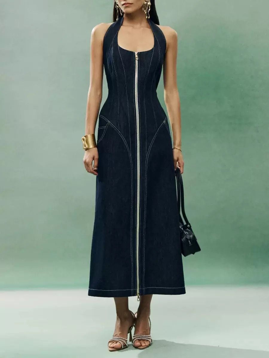 Zip-Front Halter Denim Maxi Dress