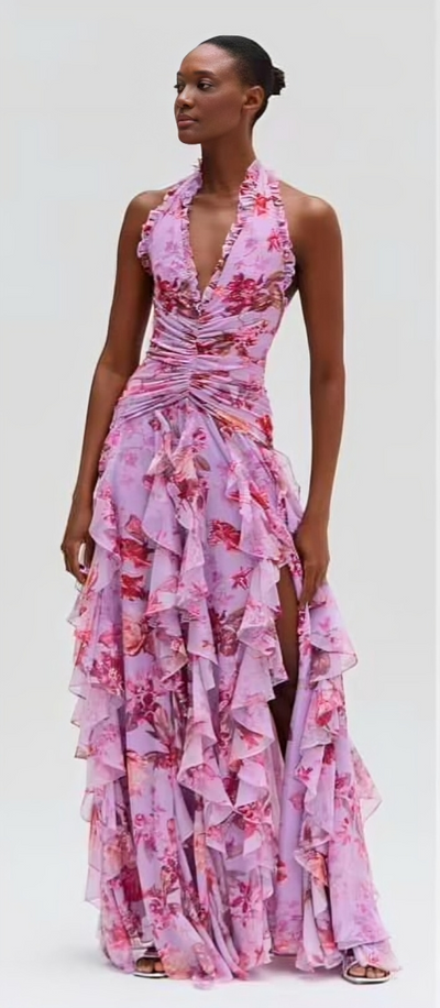 Blossom Cascade – Halter Floral Ruffle Gown