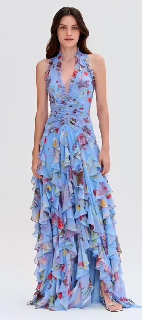 Blossom Cascade – Halter Floral Ruffle Gown