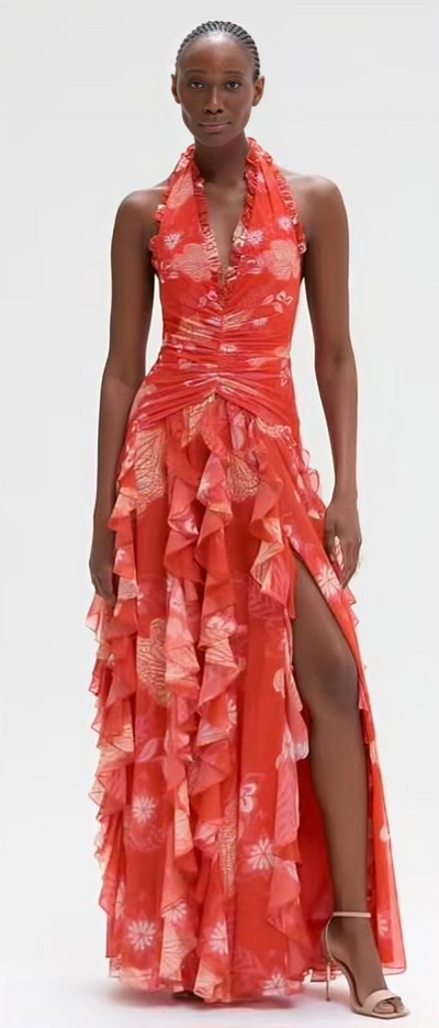 Blossom Cascade – Halter Floral Ruffle Gown